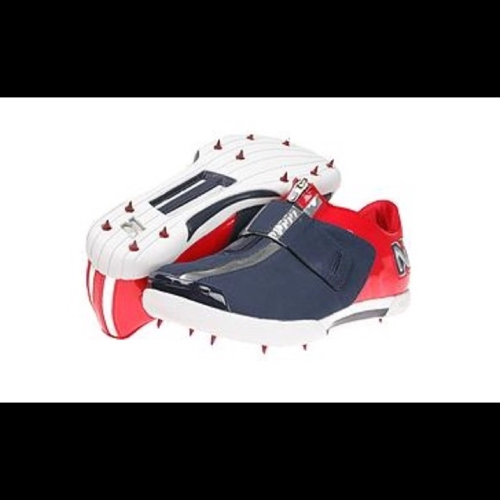 New Balance red and blue high jump spikes